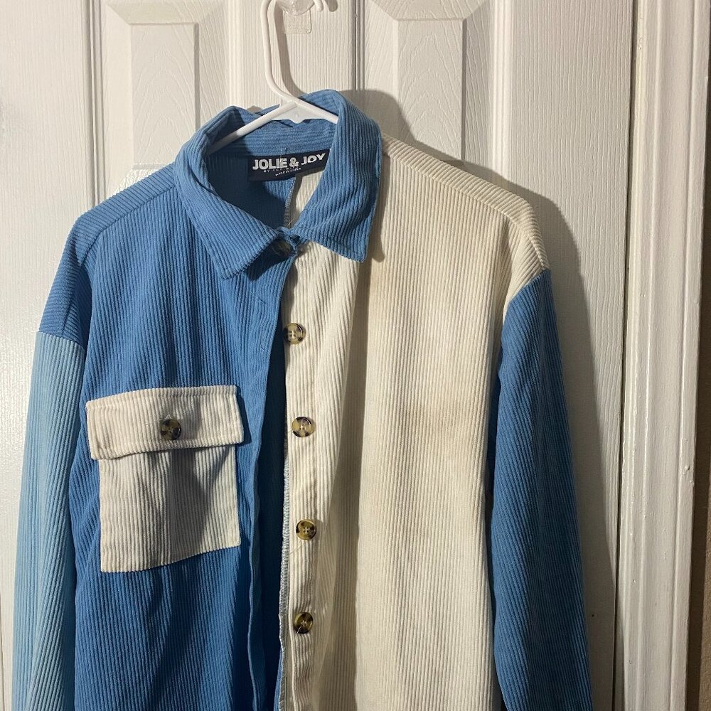 “Split Personality” Corduroy Button-Up – Blue & White Drama Queen